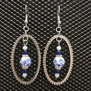 Antique silver oval and white/blue ceramic and glass beaded earrings